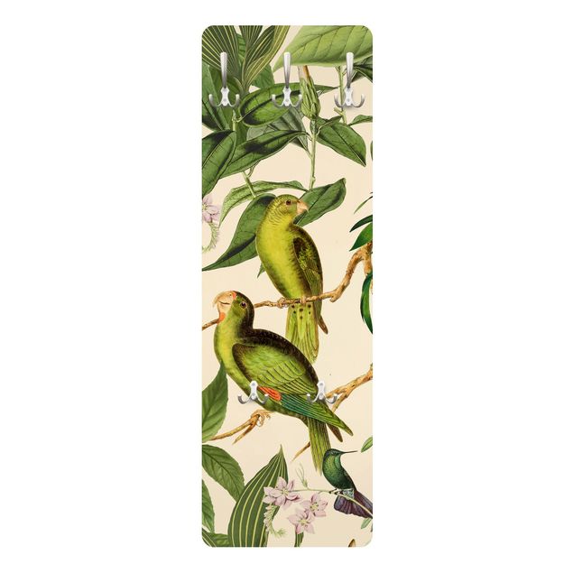 Appendiabiti pannello verde Collage vintage - Pappagalli nella giungla