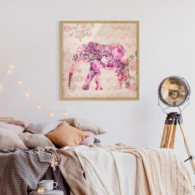 Quadro con elefante Collage vintage - Fiori rosa elefante