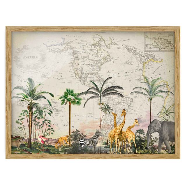 Quadri colorati Collage vintage - Animali selvatici sulla mappa del mondo