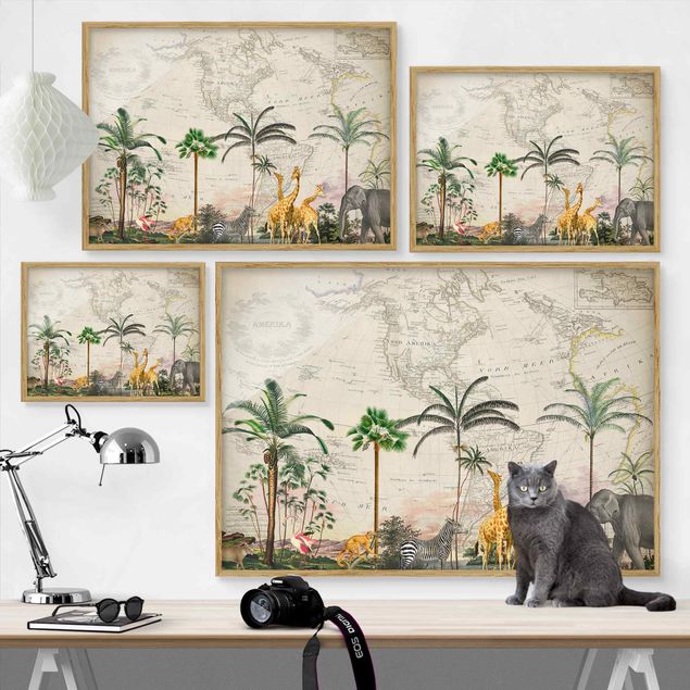 Quadri Andrea Haase Collage vintage - Animali selvatici sulla mappa del mondo