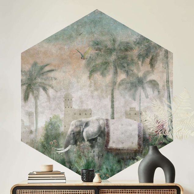 Carta da parati moderne Scena di giungla vintage con elefante