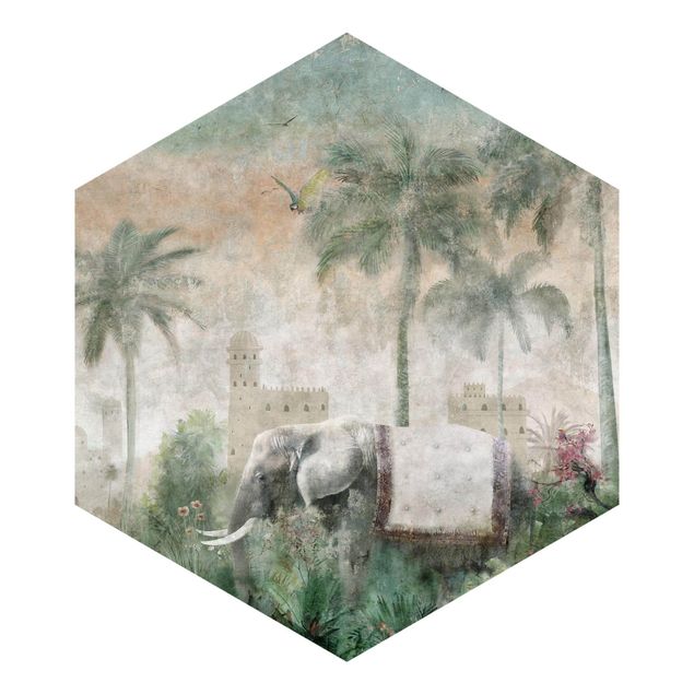 Carta parati vintage Scena di giungla vintage con elefante