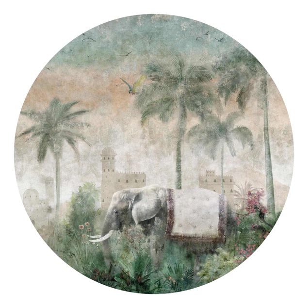 Carta da parati a fiori Scena di giungla vintage con elefante
