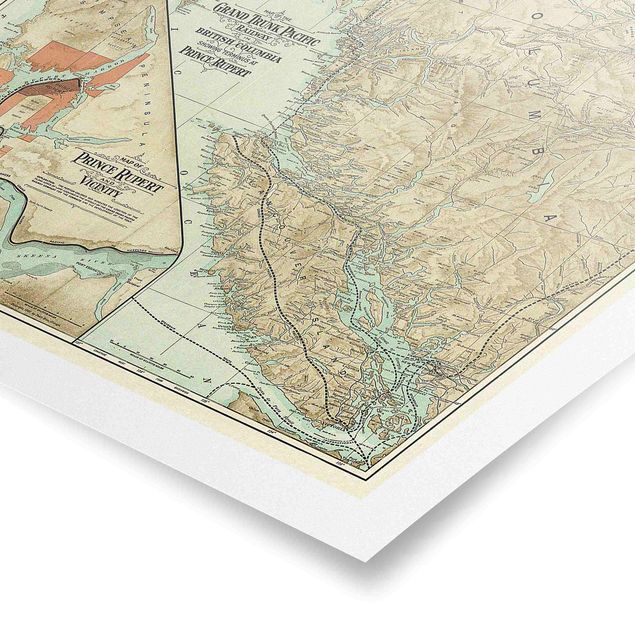 Quadri moderni colorati Mappa vintage della Columbia Britannica