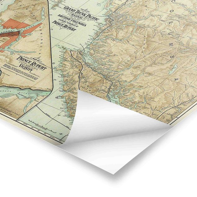 Quadri stampe Mappa vintage della Columbia Britannica