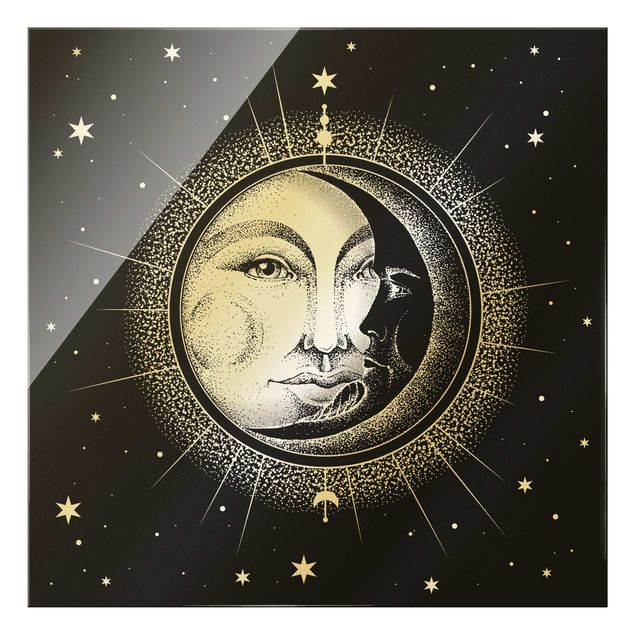 Glas Magnettafel Illustrazione vintage di sole e luna