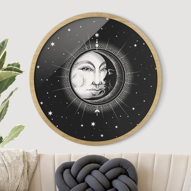 Quadri con cornice in bianco e nero Illustrazione vintage di sole e luna