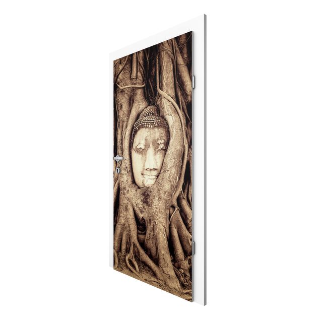 Carte da parati per porte con fiori Buddha ad Ayutthaya rivestito dalle radici degli alberi in marrone