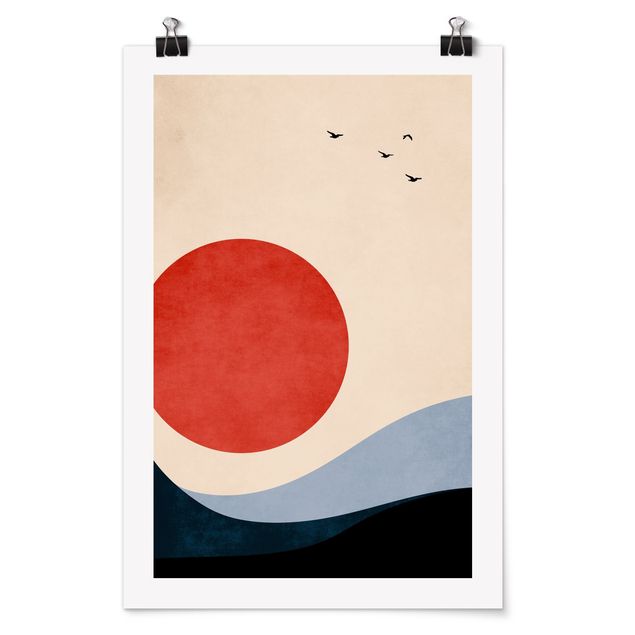 Poster spiaggia mare Uccelli in tramonto rosso