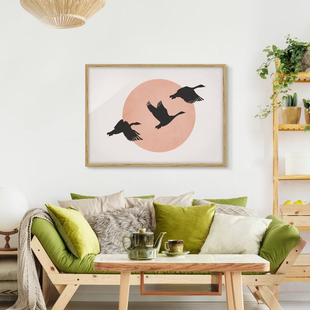 Quadri con cornice con paesaggio Uccelli di fronte al sole rosa III