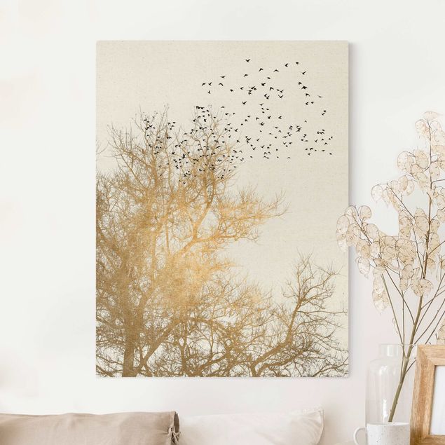 Quadri su tela con uccelli Stormo di uccelli davanti all'albero d'oro