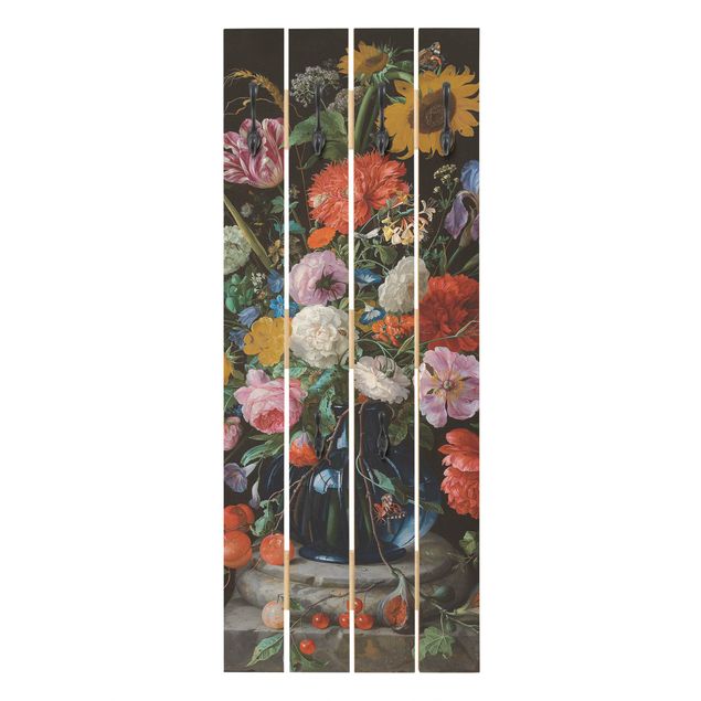 Appendiabiti pannello con fiori Jan Davidsz de Heem - Tulipani, un girasole, un'iris e altri fiori in un vaso di vetro sulla base di marmo di una colonna