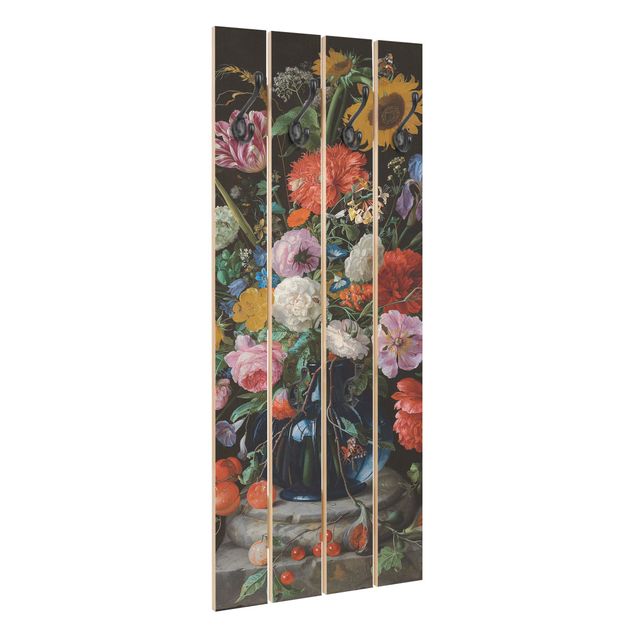 Appendiabiti pannello effetto legno Jan Davidsz de Heem - Tulipani, un girasole, un'iris e altri fiori in un vaso di vetro sulla base di marmo di una colonna