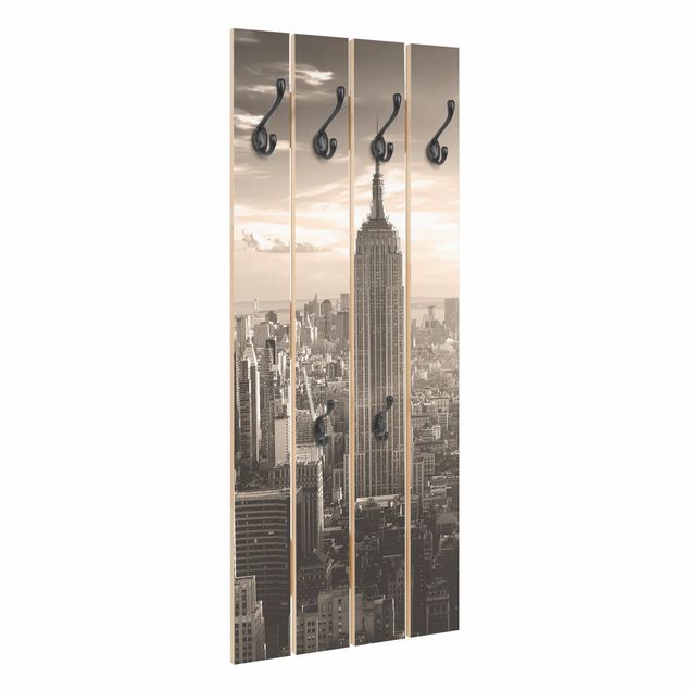 Appendiabiti in legno - Manhattan Skyline - Ganci neri - Verticale