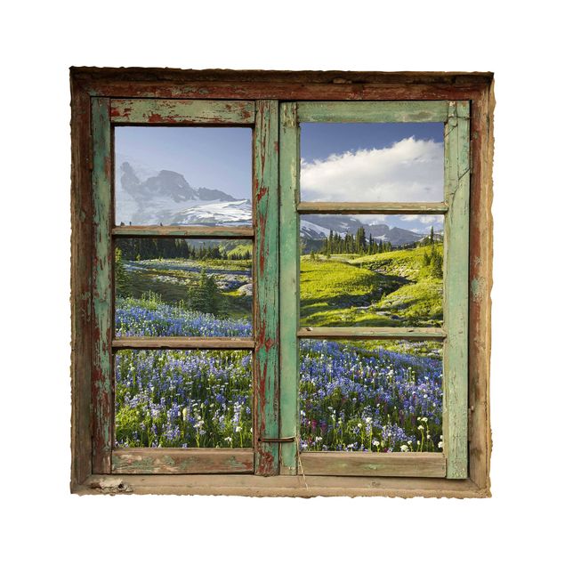 Albero adesivo da parete Vista dalla finestra di un prato di montagna con fiori davanti al monte Rainier
