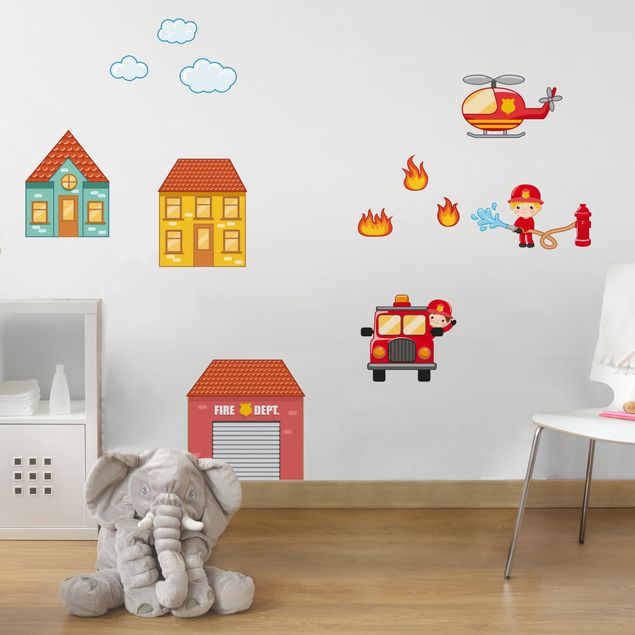 Adesivi murali con pompieri Set pompieri con case