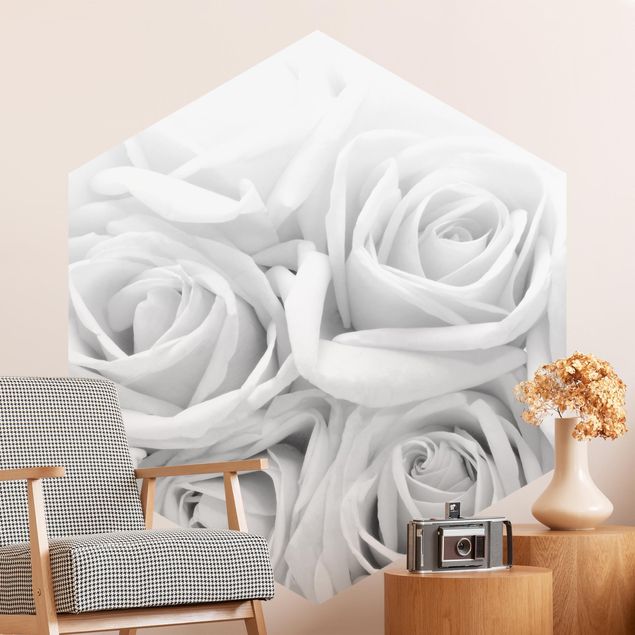 Carta da parati rose Rose bianche in bianco e nero
