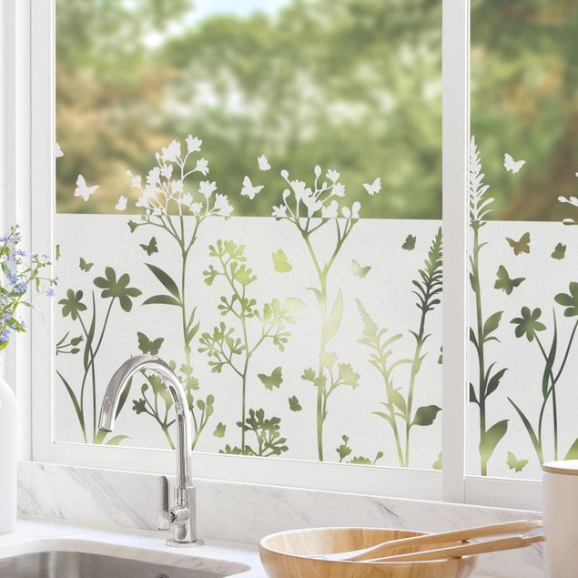 Adesivi per finestre con disegni Fiori selvatici con bordo delle farfalle