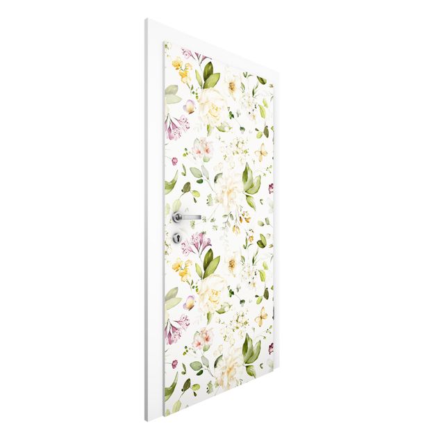 Carte da parati con farfalle Motivo di fiori di campo e rose bianche acquarello