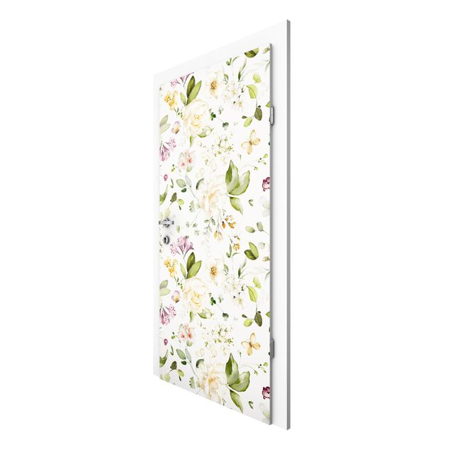 Carte da parati per porte con fiori Motivo di fiori di campo e rose bianche acquarello