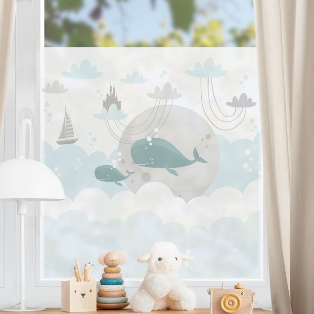 Adesivi per vetri con animali Nuvole con balena e castello