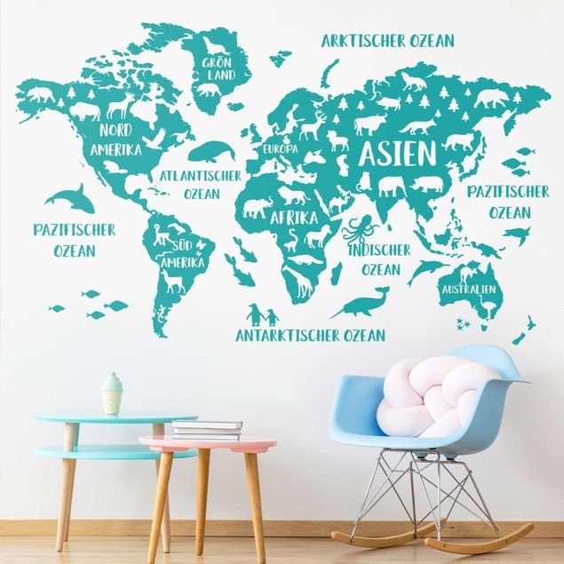 Decorazioni camera neonato Mappa del mondo XXL con animali