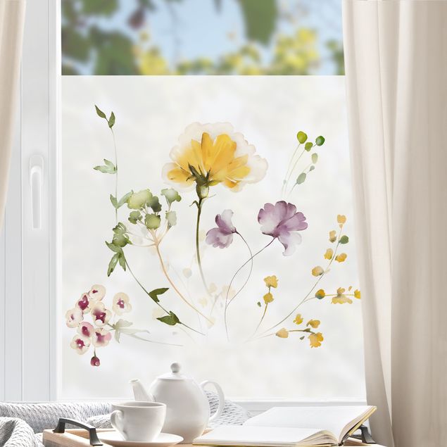 Adesivi per finestre fiori Delicati fiori ad acquerello giallo-viola