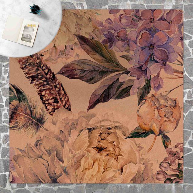 tappeti floreali moderni Delicato motivo di fiori e piume Boho in acquerello