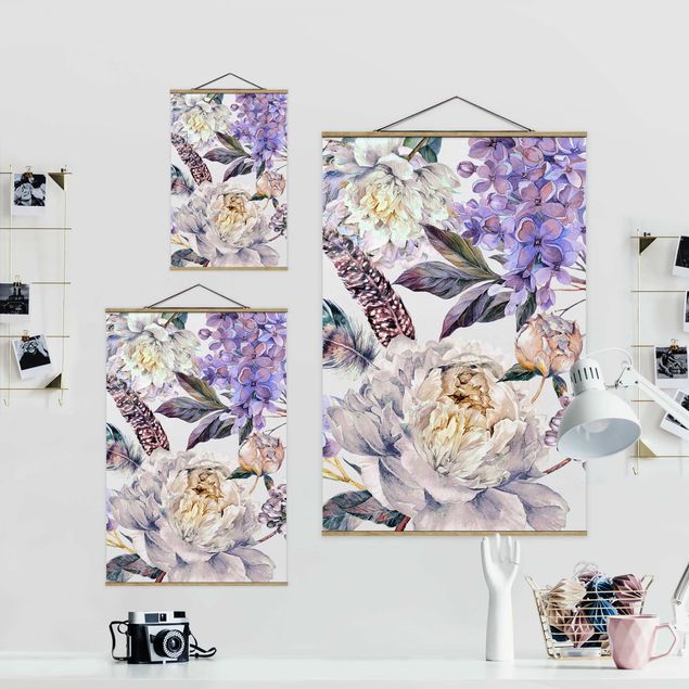 Foto su tessuto da parete con bastone - Trama di fiori delicati  e piume boho in acquerello - Verticale 2:3