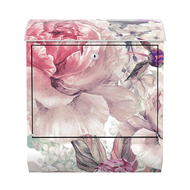 Cassette della posta rosa Delicato motivo di peonie all'acquerello